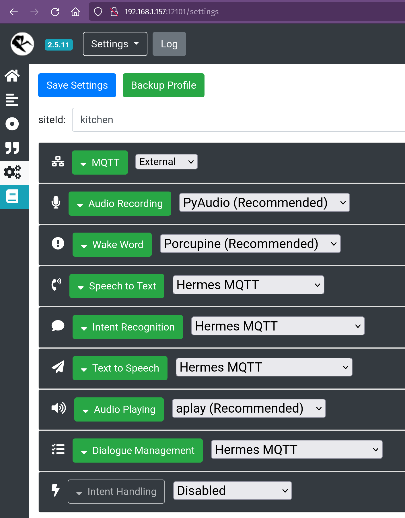 Rhasspy Settings Page with siteId visible